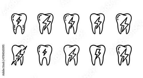 Collection of ten simple outline icons representing teeth with lightning bolts inside, symbolizing pain, sensitivity, or energy, perfect for dental health, medical concepts, and digital design