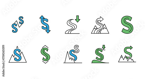 Set of stylized letter S icons representing upward and downward movement, flow, and mountain landscapes, presented in a clean, modern vector cartoon illustration style with a white background