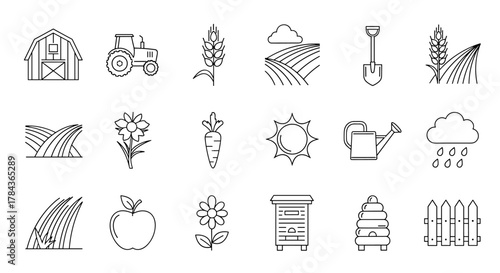 Collection of outline signs representing field, farm, and garden elements, meticulously drawn with thin lines, ideal for apps, websites, banners, infographics, and diverse design applications