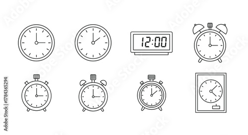 Collection of modern outline style clock icons for design, including analog, digital, and alarm clocks, perfect for cards, apps, social networks, and vector cartoon illustrations on a white
