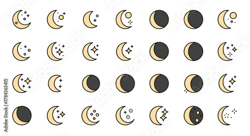 Collection of Moon Phases and Crescent Icons with Stars and Planets, Perfect for UI Design, Placards, Books, and Apps, Featuring Editable Stroke and a Cartoon Vector Illustration Style Suitable for