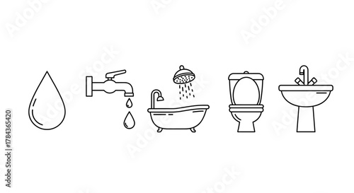 Collection of simple, linear outline icons representing water and bathroom elements: a water drop, a dripping faucet, a bathtub with a showerhead, a toilet, and a sink, perfect for web, apps, and