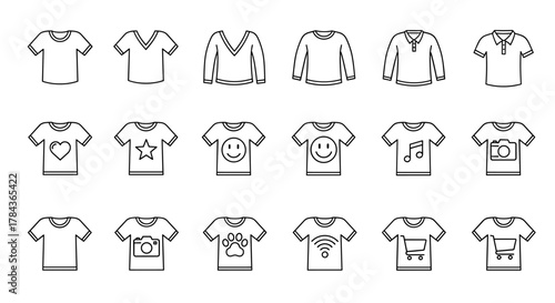 A versatile collection of t-shirt icons, perfect for UI design, placards, books, and apps. This set features editable stroke lines, making it ideal for web design, book illustrations, cards, and app