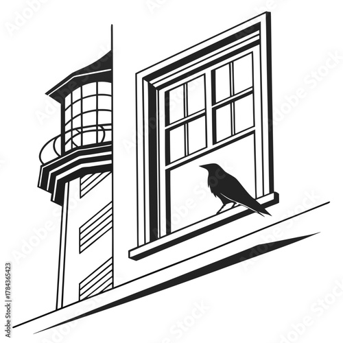 Black silhouette of a bird on a lighthouse window ledge