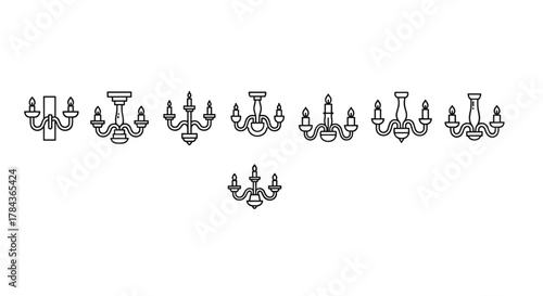 Collection of minimalistic thin line icons representing various wall chandeliers and ceiling chandeliers, perfect for web design, graphic design, app interfaces, banners, social media, and greeting