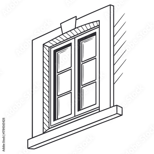 Black and white line art of a window with multiple panes