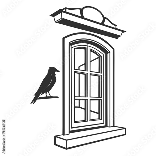 Black silhouette of a bird perched on a window ledge