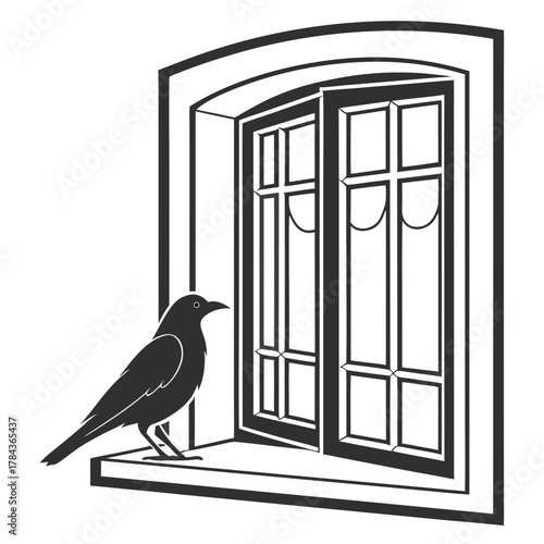 Black silhouette of a bird on a windowsill looking out an open window