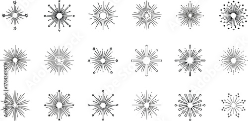 Dynamic collection of abstract line art starbursts of Fireworks, radial bursts, and explosive patterns, evoking celebratory fireworks for enhancing graphic designs