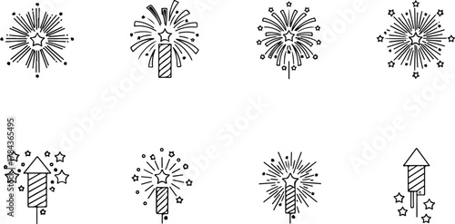 Collection of festive line art icons illustrating dazzling fireworks and unlit rockets, perfect for celebrating holidays, New Year, and special occasions with a pyrotechnic display