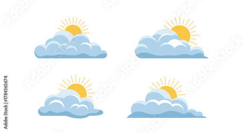 Four cartoon weather icons showing the sun partly covered by clouds, representing a partly cloudy or sunny forecast.