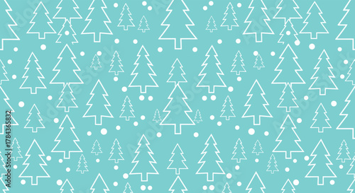 Seamless pattern of white outline Christmas trees and scattered snow on a light blue background, evoking a festive winter holiday mood.