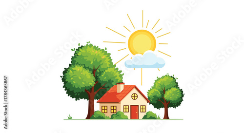An idyllic cartoon scene of a small, cozy house surrounded by lush green trees under a bright summer sun.