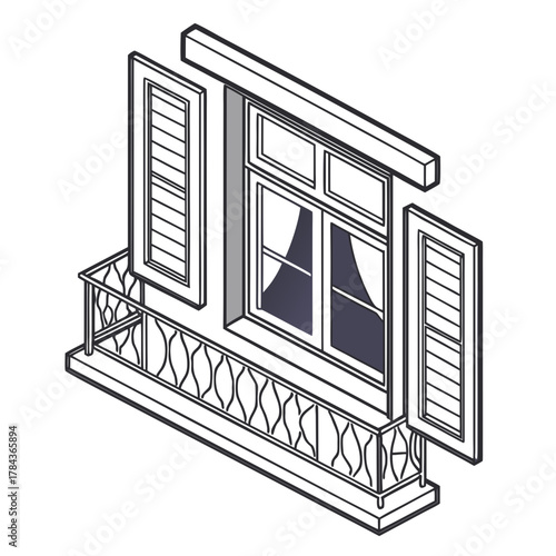 Isometric window with open shutters and balcony railing