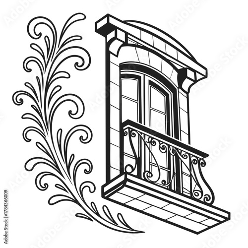 Ornate balcony window with decorative scrollwork vintage