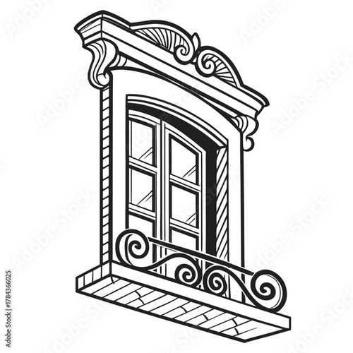 Ornate vintage window with balcony railing vector