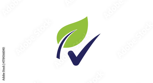 Eco-friendly approval checkmark with a green leaf and a blue swoosh, symbolizing environmental quality and natural product certification.