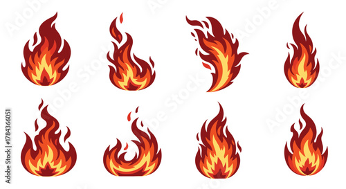 A collection of eight distinct stylized fire and flame illustrations, featuring dynamic shapes and vibrant red-orange-yellow gradients, suitable for icons or graphic designs.