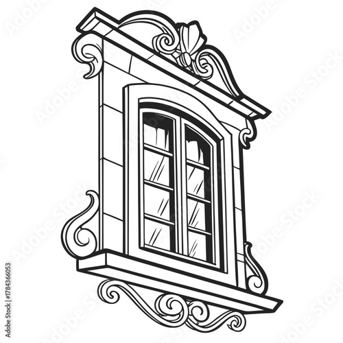 Ornate vintage window with scrollwork and arched panes