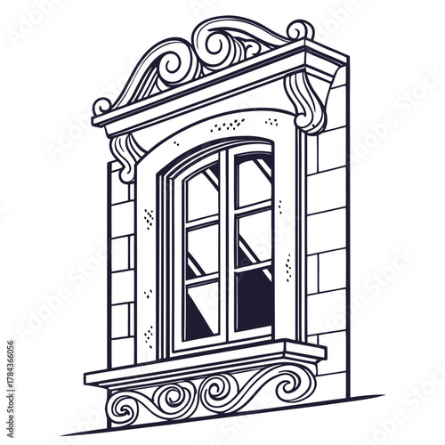 Ornate vintage window with stone facade vector icon