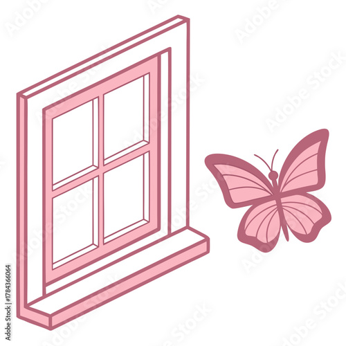Pink window frame and butterfly vector icon