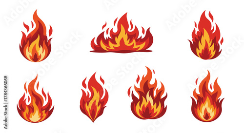 A set of diverse vector fire and flame icons in cartoon style, showcasing various shapes and intensities.