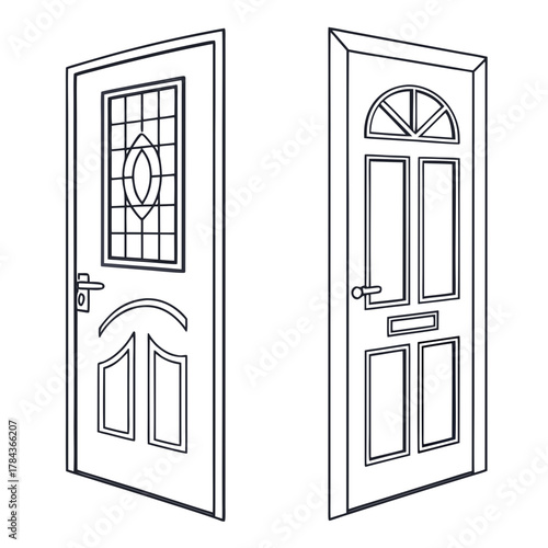 Two outline doors with decorative panels and handles