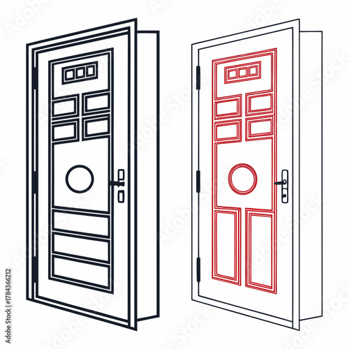 Two stylized doors one black outline one red outline