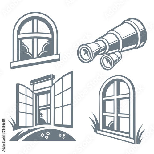 Four grey window and telescope icons spyglass vector