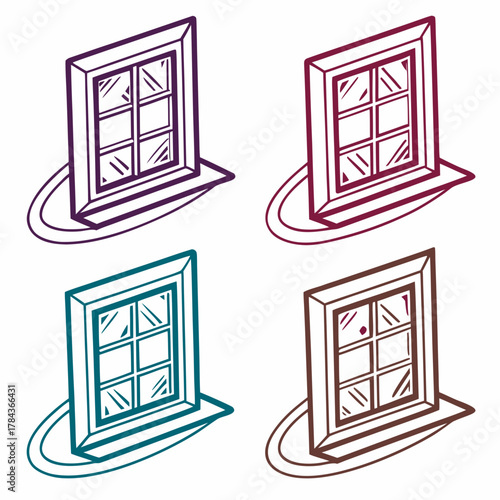 Four Isometric Window Icons Purple Red Teal Brown vector
