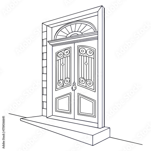 Ornate double door with arched fanlight and knocker