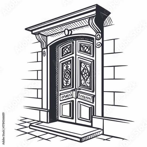 Ornate vintage double door with stone wall and tiled entryway