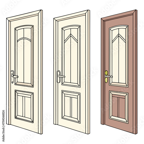 Three interior doors with paneling and handles panel door