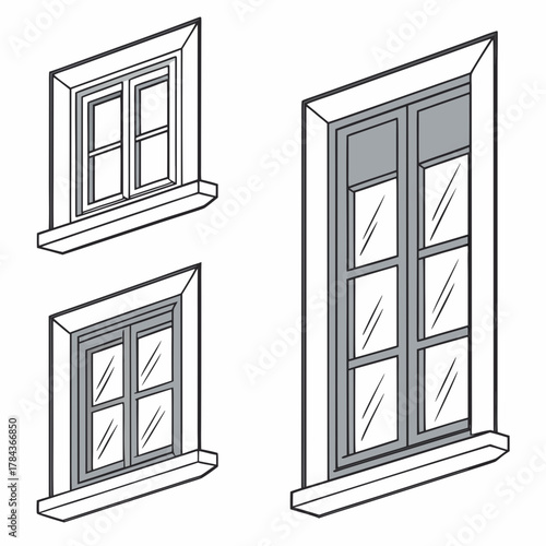 Three isometric window frames with gray panes vector