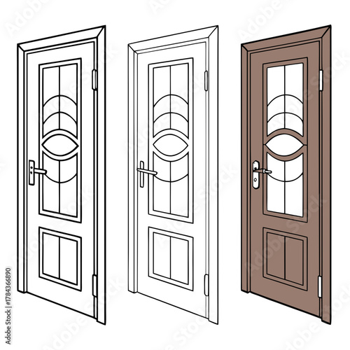 Three vector doors outline and brown color interior