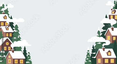 Vector illustration of a cozy winter village scene with snow-covered houses and pine trees, ideal for a Christmas holiday background