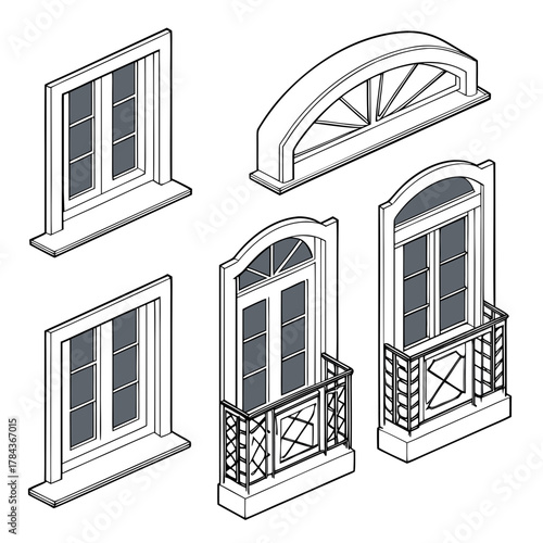 Five isometric window and balcony vector icons