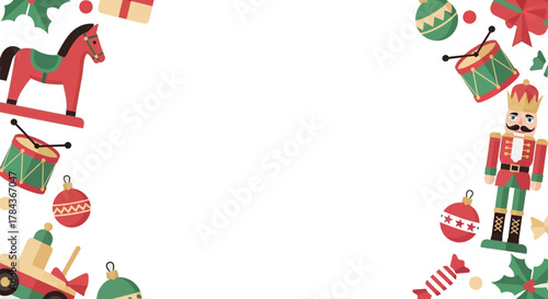Festive Christmas frame  copy space background with nutcracker soldier, rocking horse, and traditional holiday toys