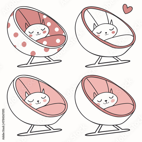 Four cute cartoon cats sleeping in rounded chairs kitten