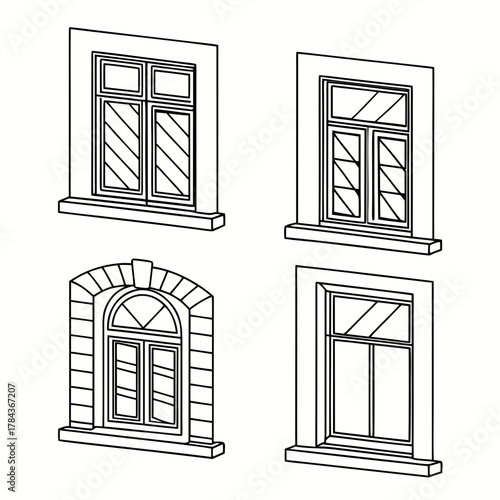 Four different window designs line art windows architectural