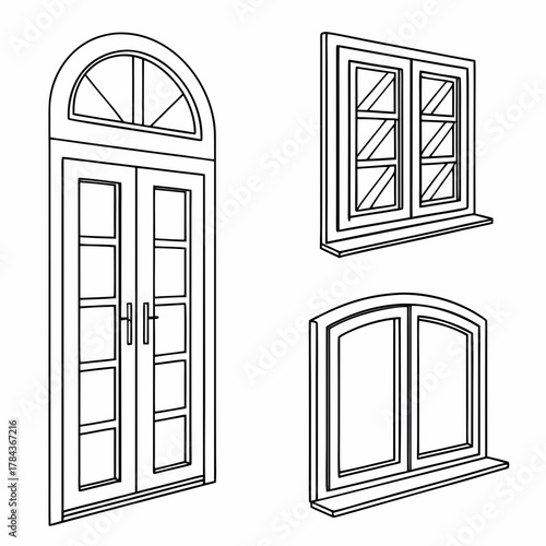 Four different window styles line art door arch window