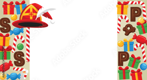 Festive Saint Nicholas celebration border copy space with traditional Dutch sweets, a bishop's mitre, and gift boxes