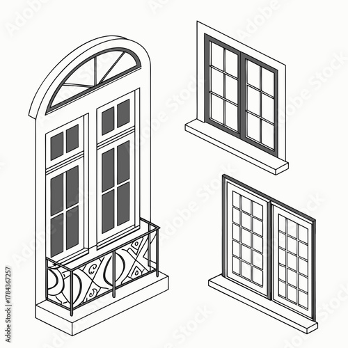 Four isometric window designs with dark panes and white frames