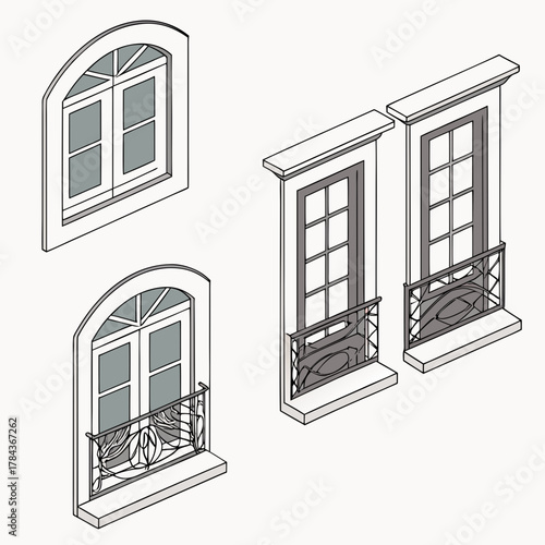 Four isometric window designs with balconies balcony