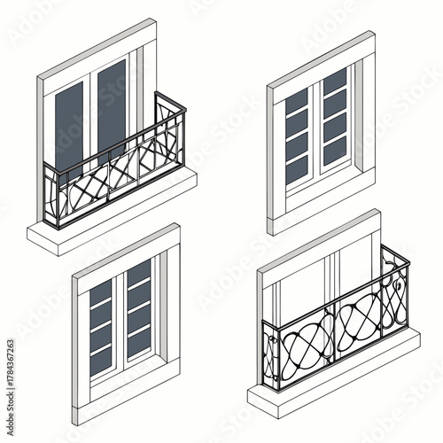Four isometric window and balcony designs railing ironwork