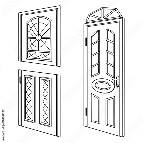 Four outline door icons with decorative panels and windows