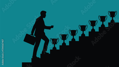 Ambitious businessman climbs stairs to success, each step marked by a trophy, symbolizing achievement and career growth in a competitive world