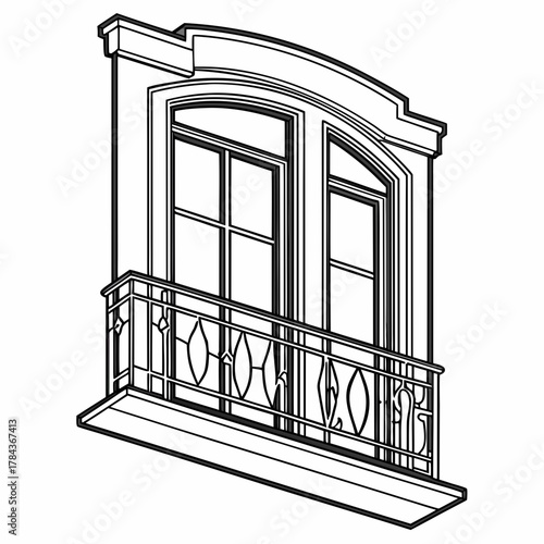 Ornate balcony window with wrought iron railing vector 1