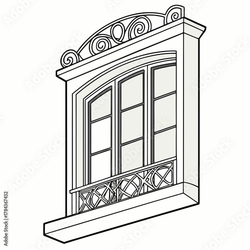 Ornate balcony window with decorative railing vector