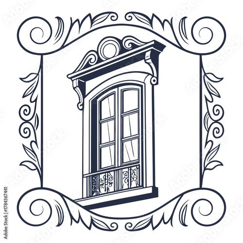 Ornate vintage window with balcony and scroll frame